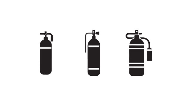 Scuba diving oxygen tanks with various regulators and straps for underwater breathing equipment  used for safety and convenience  three black silhouettes