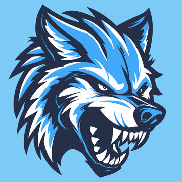 Stylized wolf head illustration in blue and white colors with aggressive expression