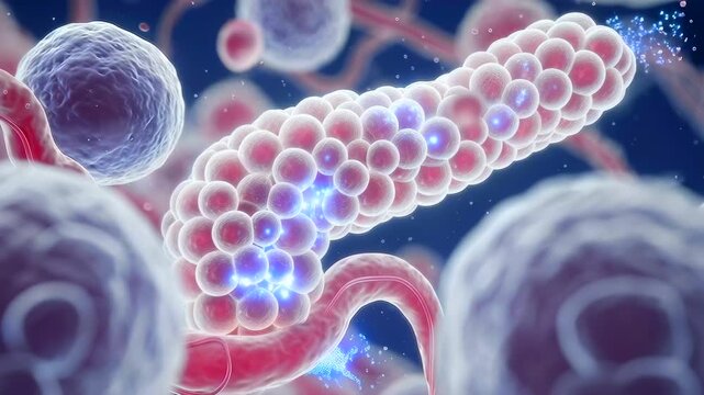 glandular acinar cluster releasing luminescent vesicles into nearby duct, closeup of secretion process with glowing granules and tubular epithelium, detailed cellular action ideal
