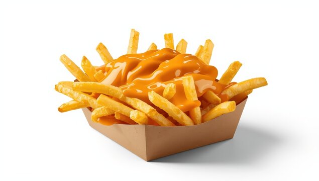 Tasty cheese-covered fries on a white background