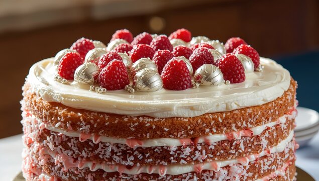 Tasty coconut cherry cake topped with Raffaello, raspberries, and silver pearls