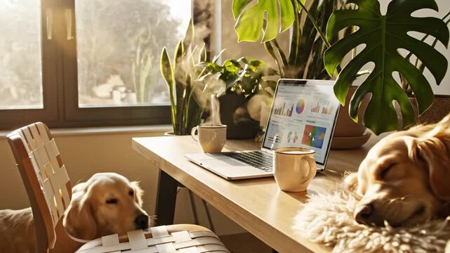 Sleeping golden retriever and laptop in sunny home office