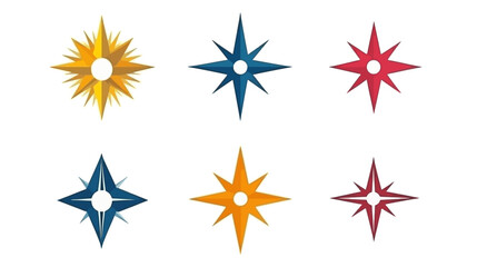 Obraz premium Six stylized starbursts of various colors, arranged in a grid, against a white background