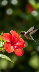 Obraz premium A tiny hummingbird hovers gracefully to feed on a vibrant red hibiscus flower.