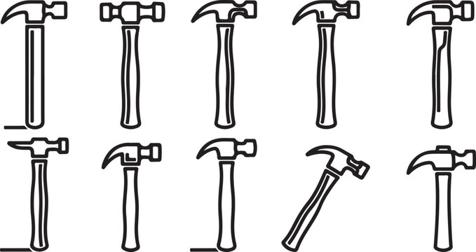 Collection of various hammers in different positions and angles