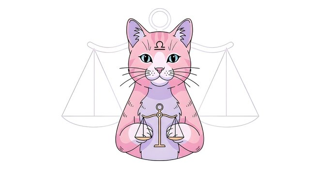 A balanced and elegant Libra zodiac cat clip art illustrated from a perfect front-facing symmetrical camera angle, emphasizing harmony. 