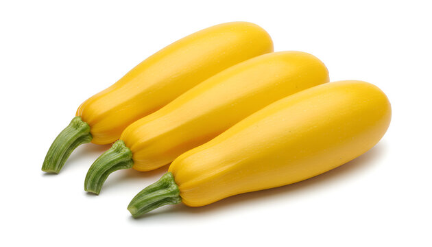 Three fresh yellow squash with green stem on a white background