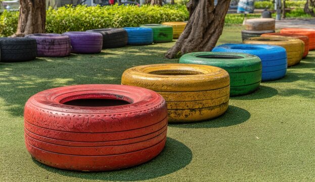 Colorful rubber tires used as playful playground equipment for children, mounted on grassy outdoor surface with trees and foliage in background
