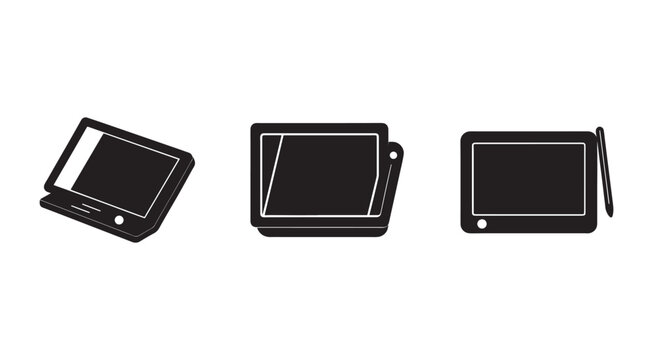 Tablet computers with stylus pens and screens in different angles and positions  electronic devices