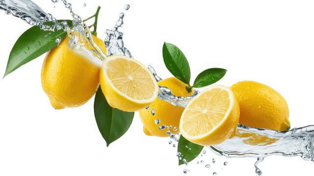 Bright yellow citrus fruits arranged in a dynamic composition featuring several whole lemons and sliced lemon halves with vibrant green leaves attached to their stems while refreshing clear water spla