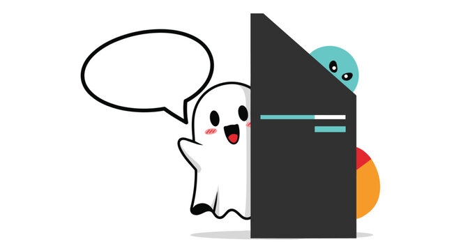 Adorable white ghost character peeking out from behind a dark grey rectangular block with a blank speech bubble for custom text.