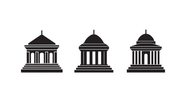 Three black and white icons of ancient buildings with columns and domes  architectural symbols