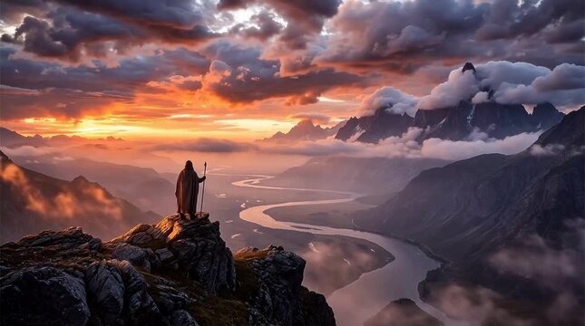Majestic mountain vista at sunset with a solitary figure overlooking a winding river and dramatic clouds