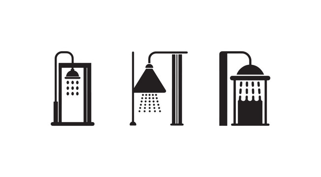 Three black and white shower head icons with different designs and water flow patterns on transparent background