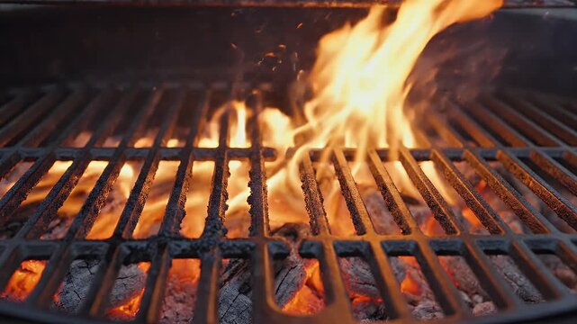 Close-up of a hot grill with glowing coals and dancing flames