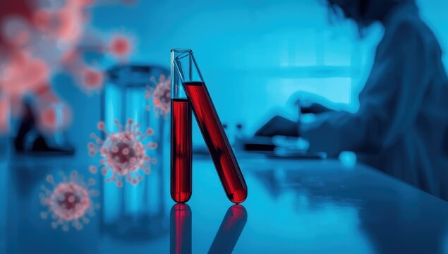 Two blood vials against a blue backdrop. The idea of monkeypox