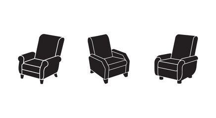 Obraz premium Three black armchairs with white outlines in different angles on white background furniture design elements