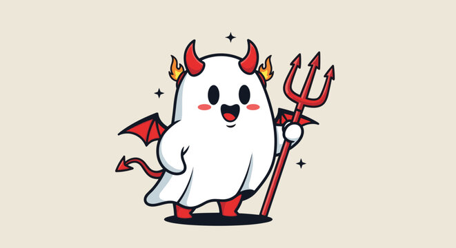 Adorable cartoon ghost dressed as a devil holding a pitchfork with wings and horns represents a playful Halloween character.