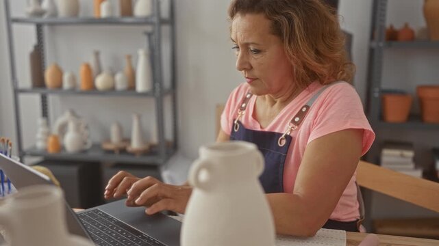 Middle aged woman typing with bare hands on laptop at wooden table surrounded by pottery vases in studio; concentration.