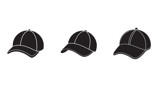 Three black baseball caps with white outlines in different positions  isolated on white background