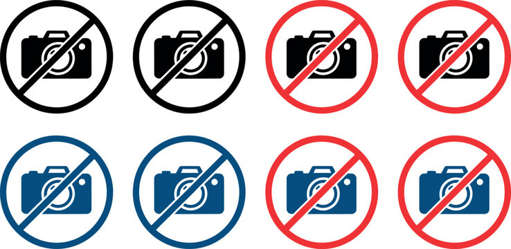 No photography allowed icons set with various camera symbols and colors