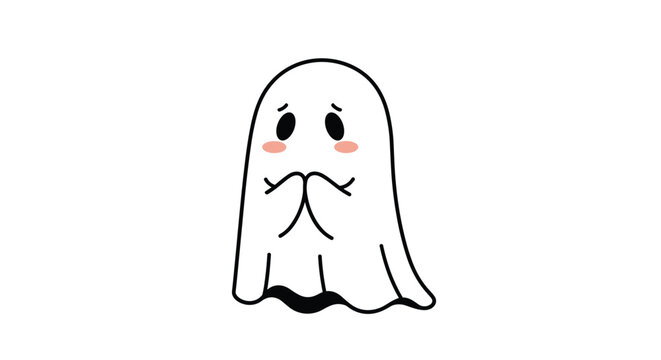 Cute little white ghost with pink cheeks and big eyes has a sad or pleading expression with its hands held together in front.