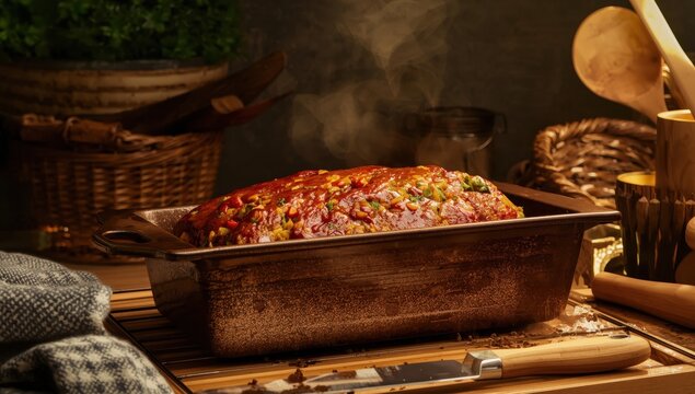 Vegan meatloaf in a bread pan baking in the oven