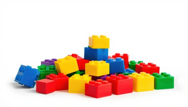 Vibrant plastic construction blocks on a white backdrop