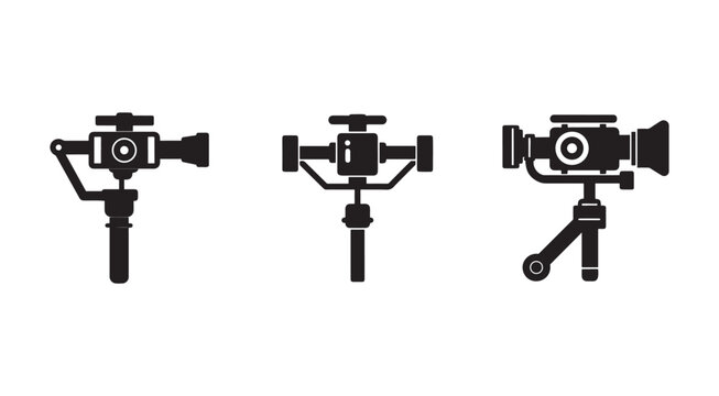 Three black camera stabilizers with different designs on white background for video production and photography equipment  handheld gimbal stabilizers for smooth footage