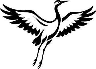 Obraz premium Elegant flying crane outline soars gracefully upward on deep black ground.