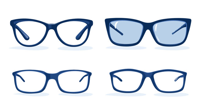 A set of four different eyeglasses styles with blue frames and clear or blue tinted lenses