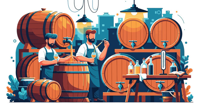 Brewery workers tending to barrels of craft beer.