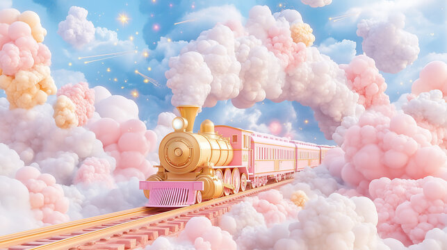 A charming pink train glides through soft pastel clouds, creating a magical atmosphere reminiscent of a storybook