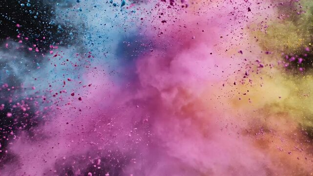 Vibrant powdered pigments explode outwards against a dark background, creating abstract color