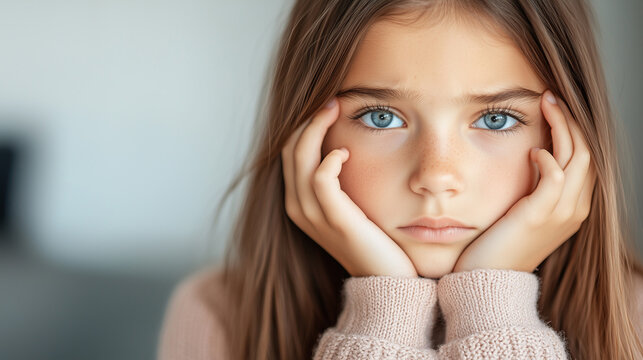 A young girl rests her chin on her hands, showcasing a thoughtful expression, with soft lighting highlighting her features