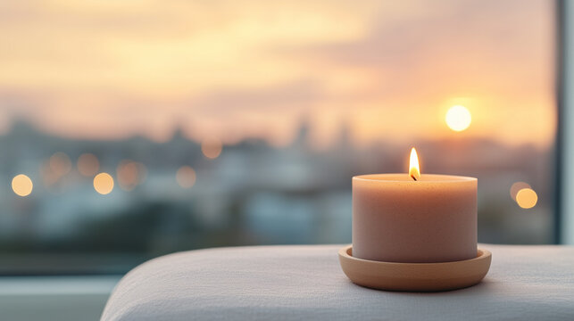 A soft-focus image of a lit candle on a table, with a warm, blurred background creating a cozy atmosphere