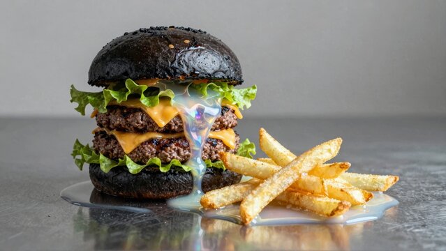 Black bun double cheeseburger with dripping cheese and fries