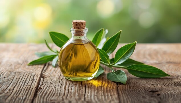 Essential bay laurel oil in a glass bottle with daphne leaves on a rustic wooden surface. Spa and wellness theme