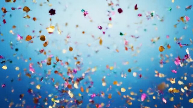 Confetti falls from above in celebration against blue background with colorful pieces