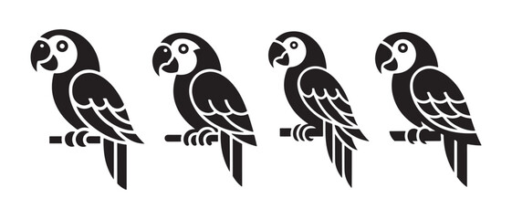 Black macaw parrot silhouettes perching in a row, a modern vector icon illustration on white background. © NadimStoker