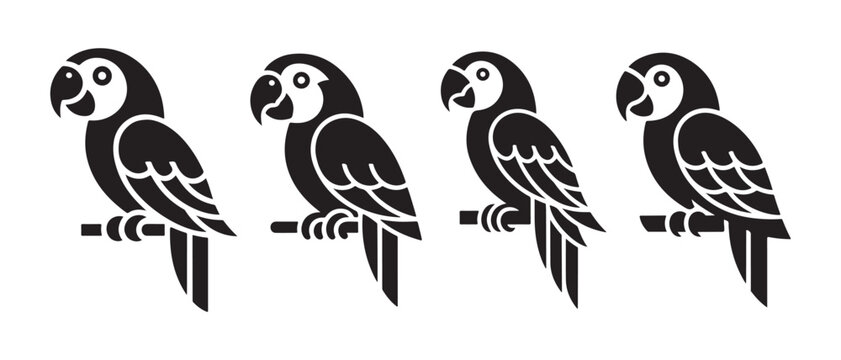 Black macaw parrot silhouettes perching in a row, a modern vector icon illustration on white background.