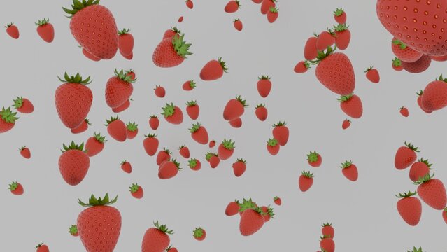 Falling Strawberries Isolated on White Background, Fresh Red Fruit Pattern