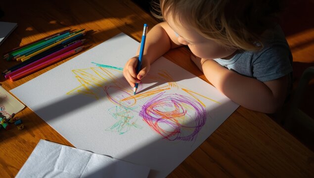 a toddler's drawing task with colored pencils