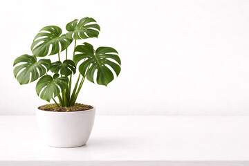 Fototapeta premium Minimal composition of a lush green monstera plant in a white pot placed on a clean white surface. The large split leaves create a fresh and modern aesthetic with soft natural lighting. 
