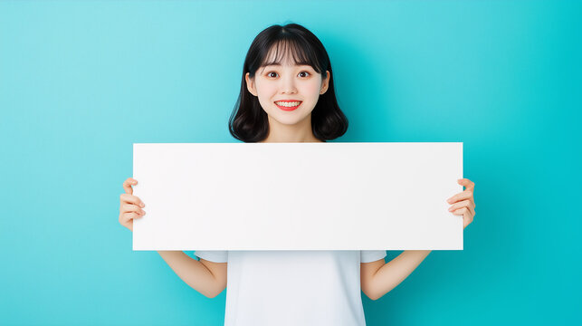 Another view of a young woman happily presenting a blank sign, perfect for promotional materials or creative projects