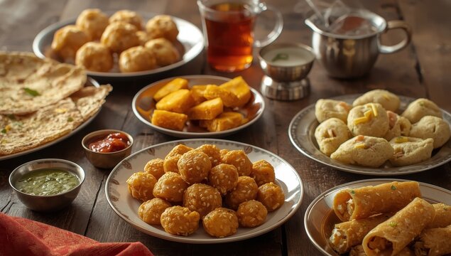 Assortment of Gujarati snacks such as jalebi-fafda, thepla, dhokla, aloo bhujiya, khandvi, khakra, dahi vada, and gathiya paired with hot tea