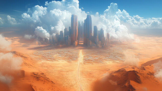 Dramatic desert landscape with futuristic skyscrapers emerging from the sand, showcasing a blend of nature and architecture
