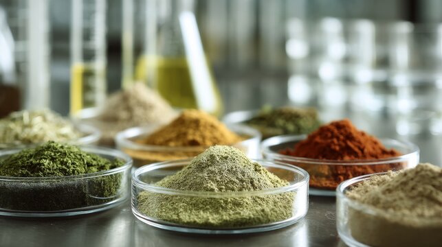 Various dried herbal powders in petri dishes arranged on laboratory table with glass test tubes and beakers in background, natural medicine research, phytochemistry analysis and pharmaceutical science