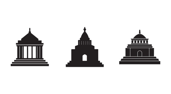 Three black silhouettes of ancient temple buildings with domes and columns on white background  architectural icons
