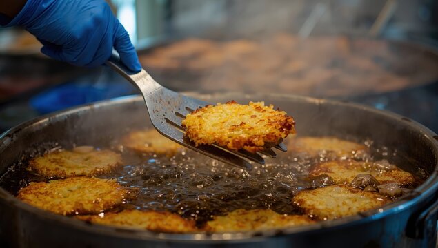 A cook in blue gloves flips golden potato pancakes in hot oil with a slotted spatula, preparing a close-up of sizzling hash browns